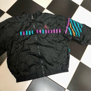 Vintage 80s 90s Le Coq Sportif Full Zip Windbreaker Black Teal Neon Graphics szL